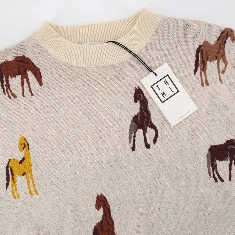 NEW THML Brianna Horse Print Sweater Cream Long Sleeve Womens Size Small
